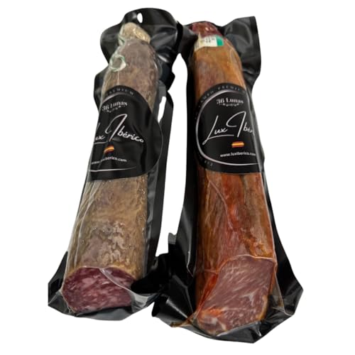 LUX IBÉRICO | Pack de Embutidos Ibéricos – Lomo, Salchichón y Chorizo – | Aperitivo Gourmet | Pack Familiar | Envasado al vacío | Piezas de 700g (Pack 2 Piezas de 700g, Lomo y Salchichón)