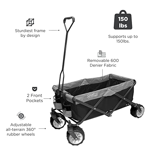 Creative Outdoor Wagon for Kids Push Pull Collapsible Stroller Folding Cart for Cargo, Supports uptov150lbs Weight Capacity | All Terrain | Beach Park Garden Sports & Camping (Black/Gray)