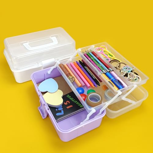 Image of Tackle Box Organizer and Storage, 10-Inch Craft Organizer With 3 Layers, Medicine Box with Handle for Nail, Makeup, Diamond Painting, Building Blocks (Purple)