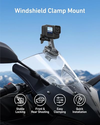 Image of TELESIN Motorcycle Windshield Clip Camera Mount, Quick Release Motorbike Windscreen Clamp for Go Pro 13 12 11 DJI Action 5 Pro Action 4 3, Compatible with Insta 360 X5 X4 X3 Sports Action Cam