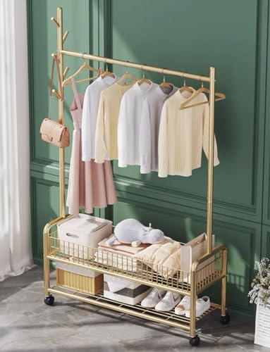 Lukzer|MGR-004| Gold| Portable Metal Garment Rack with Wheels, 2 Bottom Mesh Shelves & Single Rod – Coat Stand & Closet Organizer for Clothes, Bags, Shoes in Bedroom, Office & More | 173 x 110 x 34 cm