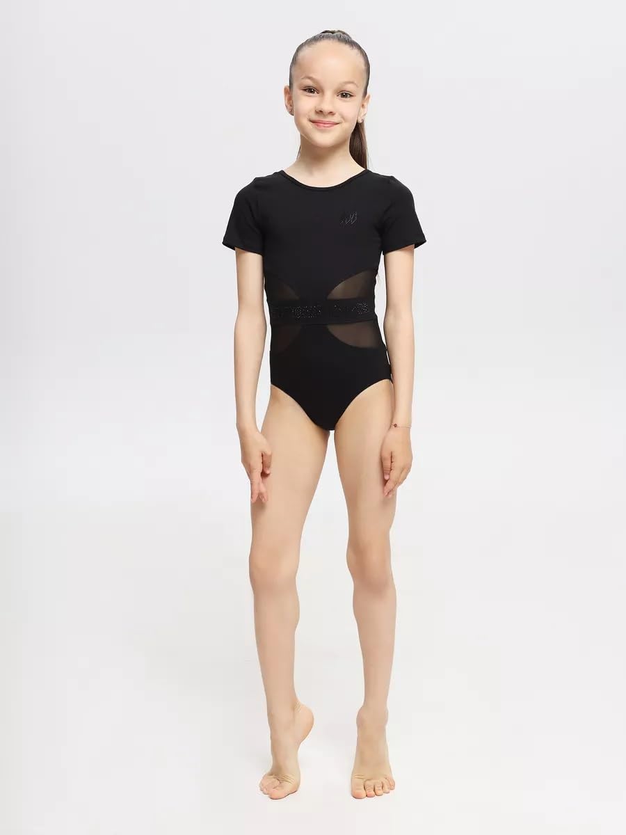 Gymnastikanzug Mädchen Kurzarm mit Mesh-Cut-Outs & Strass-Gürtel – für Rhythmische Sportgymnastik, Ballett & Tanz | 4-Wege-Stretch, 92% Baumwolle, Schwarz
