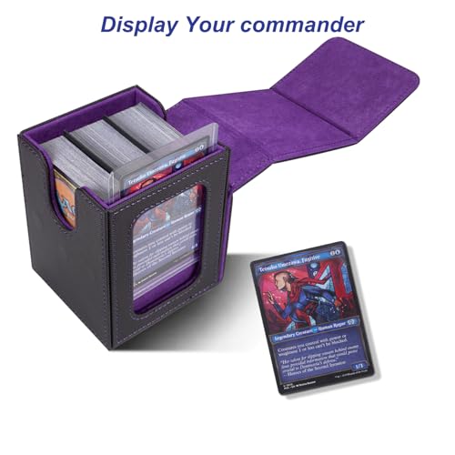 Image of AFIING MTG Deck Box for Commander Display,Card Deck Box Fits 100 Double Sleeved Cards, Magic Commander TCG Card Storage Box with 2 Dividers,Drawstring Bag and 1 Toploader(Black /Purple)