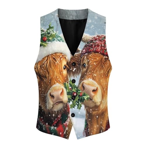 Highland Cows Christmas Snowy Scene Casual Suit Vest for Men Formal Business Dress Regular Fit Waistcoat Tuxedo3