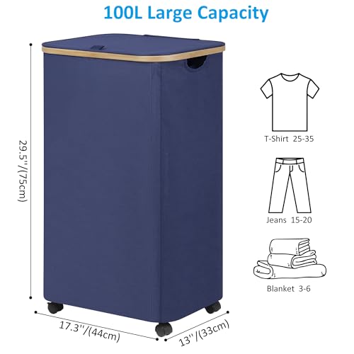 Image of efluky Laundry Basket with Wheels, Tall Rolling Laundry Hamper with Lid and Removable Bag, Aesthetic Dirty Clothes Hamper on Wheels for Laundry Room, Bedroom, Dorm and Bathroom, 100L Blue