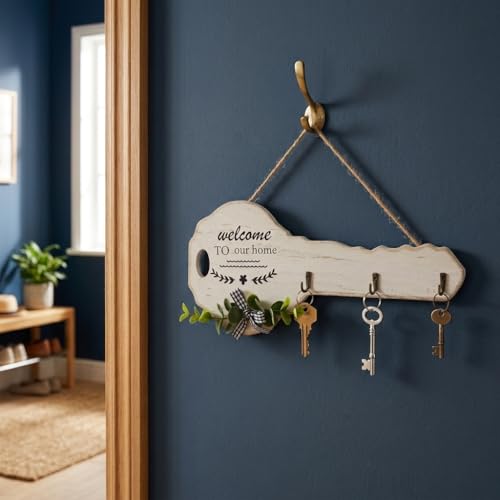 Image of CraftVatika Wooden Key Holder for Wall with 3 Hooks, Key Shape Wall Hanging Organizer Rack, Decorative Entryway Holder for Home Entrance, Wall Mounted Stand, Housewarming Gift, Home Decor Items