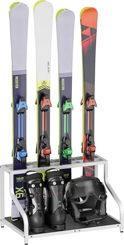 Mondazie Estante de almacenamiento de esquí para garaje, soporte de esquí independiente para 4 pares de esquís, botas, casco, gafas, soporte organizador de snowboard interior para el hogar, cobertizo