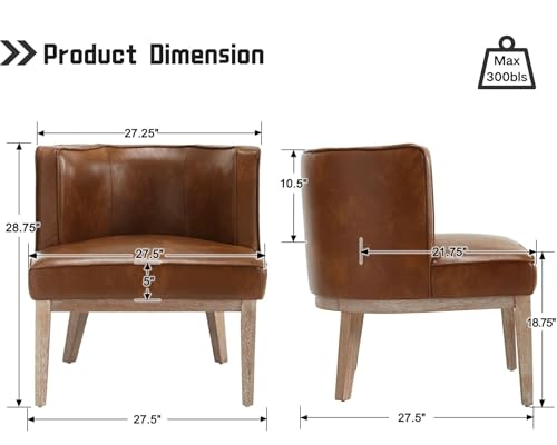 Image of Brown Leather Barrel Chairs Set of 2 with Solid Wood Frame, Small Round Accent Chairs Set of 2, Comfy Linen Accent Chairs for Living Room