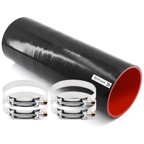 Image of ID 4in x 12in Length Straight Silicone Coupler Hose 4-Ply with 4 Stainless Steel T-Bolt Clamps as Turbo Intercooler Intake Pipe,Fits Pipe OD up to 4in(102mm)