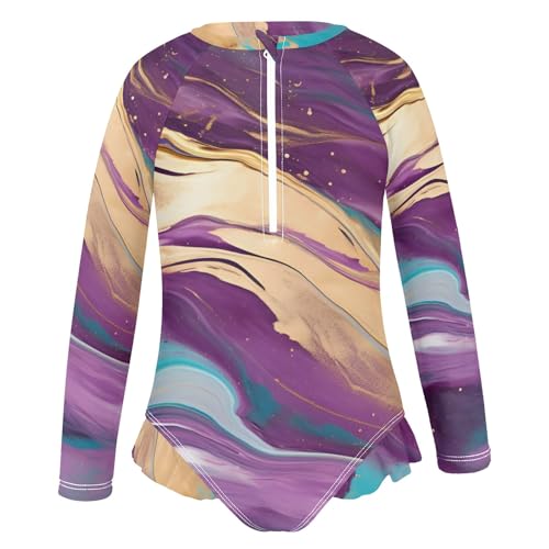 ALAZA Toddler Swimsuit Girl Bathing Suit Swimwear Rash Guard Marble Purple Gold Long Sleeve 3T2