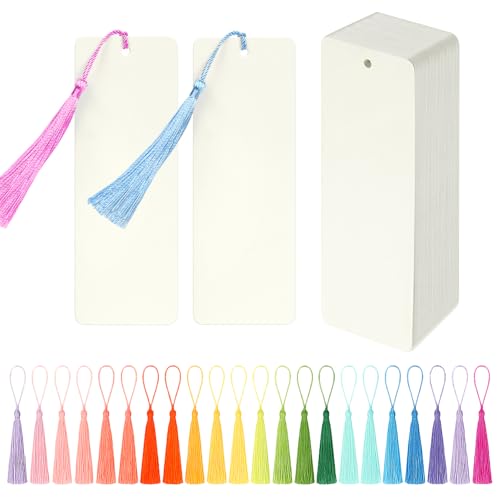 102 pcs Blank Bookmarks with Colorful Tassels 350gsm Cardstock Bookmark Blanks for DIY Crafts Holiday Gift Tags Classroom Projects & Reading Rewards 5.5 x 2 inch Bookmark Kit (Ivory White)
