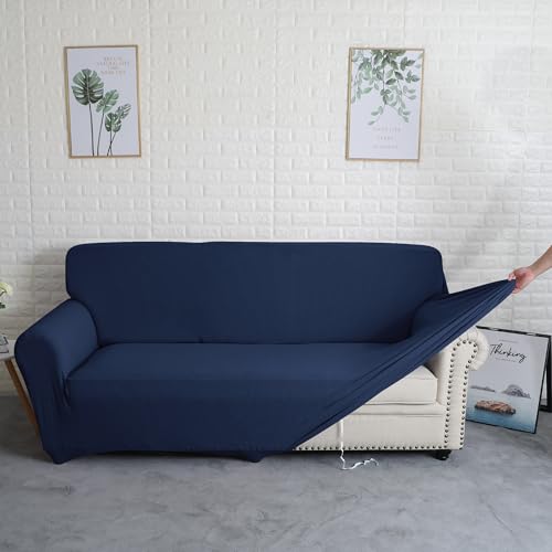ソファーカバー ストレッチ 肘付き ソファー保護カバー 犬猫傷防止 北欧風 滑り止め 1人掛け 3人掛け 2人掛け マルチカバー 無地 縦横弾力 四季適用 洗える お洒落 犬猫対策 ソファーシーツ (ネイビー, 1人掛け)