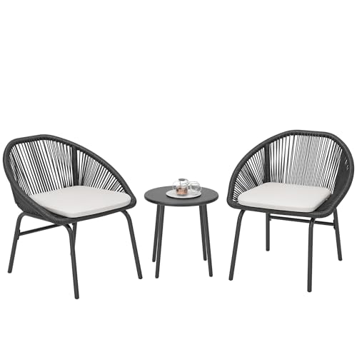 Outsunny Ensemble Salon de Jardin 3 pièces pour 2 Personnes avec Coussins d'assise Moelleux avec Corde en résine tressée et Acier époxy Noir