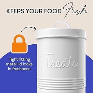 Amici Pet Retro Treats Metal Canister | Pet Food Storage Container | Airtight Lid | 72 Ounce Capacity | Farmhouse Décor | Rustic Metal Dog Treat Jar (White) Amici Pet Retro Treats Metal Canister Pet Food Storage Container Airtight Lid 72 Ounce Capacity Farmhouse Decor Rustic Metal Dog Treat Jar White