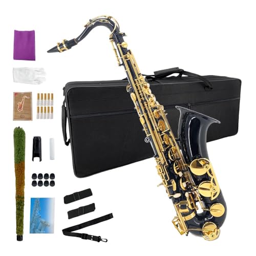 Image of Tenor Saxophone B flat, Gold Black Lacquer with Carrying Case,Mouthpiece,Reeds,Cleaning Kit,Tenor Sax for Beginners, Students and Musicians