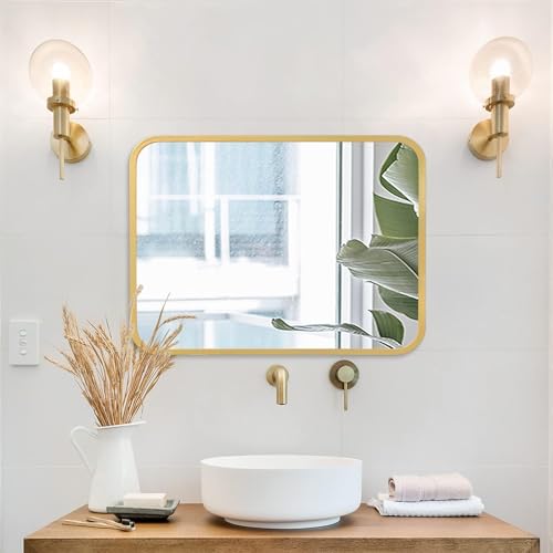 Image of Sidra Decor Rectangle Wall Mirror (24 inchx 18 inch) | Gold Brushed Metal Frame with Beveled Edge | Modern Wall Mirror for Bathroom, Living Room Vanity, Makeup Mirror (Golden Frame)