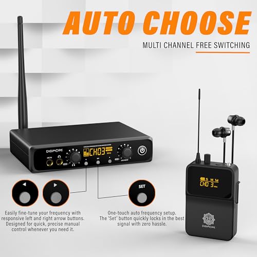 Image of DIGIMORE Wireless in-Ear Monitor System with Earphones | 328 Ft Range | Rack Mount | Professional Stereo Sound Transmitter | for Studio, Guitar, Band Rehearsal, Live Performance (D-800 Pro)