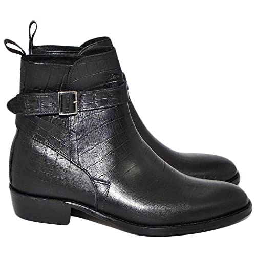 Camperos Stivali Uomo LS Luisantiago Vera Pelle Anaconda pitonata Nero Cinghia Ottone Fondo Cuoio Handmade in Italy (39 EU)