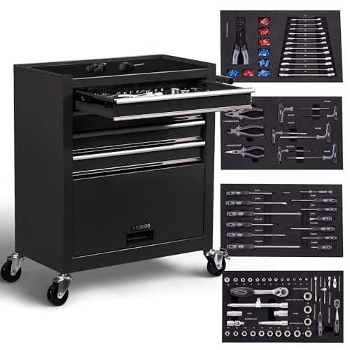Arebos Werkstattwagen Schwarz | 4 Schubladen inkl. 81-TLG. Werkzeug + großes Fach | inkl. Antirutschmatten | kugelgelagerte Schubladen | Transportsicherung | 2 Rollen mit Feststellbremse