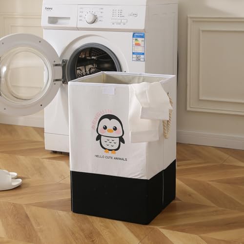 Image of HOKIPO Foldable Laundry Basket for Clothes with Lid, Black - Penguin (AR-5317-BLK), 53cm, 35cm