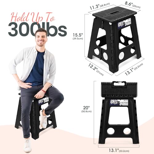 Image of Delxo Folding Step Stool 16 Inch,Non-Slip Foldable Stools for Adults Up to 300 LBS,Kitchen Collapsible Fold Up Stepping Stool with Dotted 1 Pack,Black