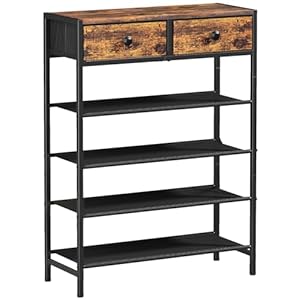 Shoe Rack, 5 Tier Shoe Organizer with 2 Drawers, Metal Shoe Storage for 16-20 Pairs of Shoes with Fabric Shelves and Wooden Top, Narrow Shoe Shelf for Closet Entryway Rustic Brown
