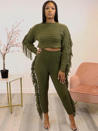 Image of Angsuttc Sweater Sets for Women Knitted Tassels 2 Piece Outfits Solid Long Sleeve Cropped Sweaters and Pants Set