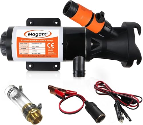 RV Macerator Pump 12V,12GPM Suction 3.2 feet Lift 10 feet with Garden Hose Discharge Port,Quick Release Sewage Pump with Fresh Water Rinse and Manual Crushing Function,for Boat Marine RV Campe