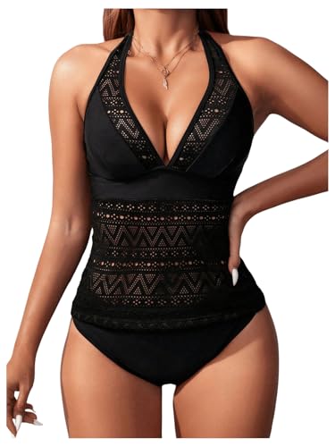 SHENHE Women's 2 Piece Hollow Out Halter Tankini Swimsuit Deep V Neck Mesh Bathing Suit