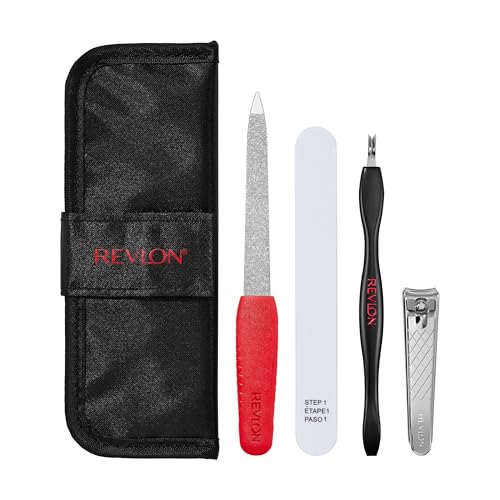 Revlon Manicure Essentials Kit with Travel Case, Nail Care Set with Cuticle Trimmer, Clippers, Emeryl File and Buffer, Stocking Stuffer for Her, 4 Count