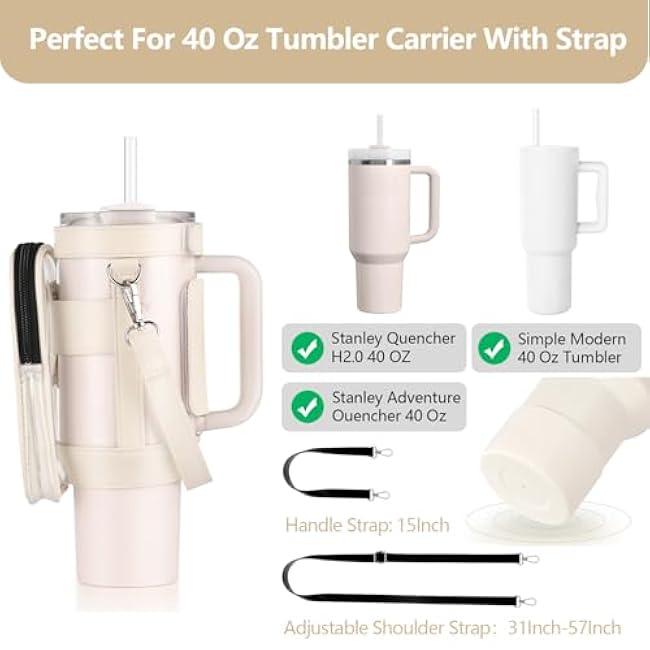 Clear Water Bottle Carrier Bag with Phone Pocket for Stanley Cup 40oz,with Adjustable Shoulder & Handheld Strap Stanley Cup Accessories Edging for Concert Sports (Beige)