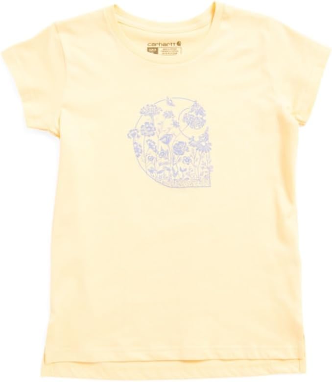 Carhartt Little Girls CA7120 T-Shirt | Short Sleeve T-Shirt | Light Yellow & Lavender Print Graphic on Front | Toddler Girls