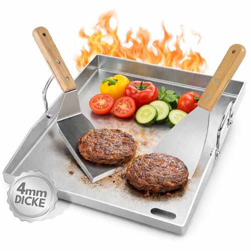 Peviasot Plaque de cuisson en acier inoxydable de 4 mm d'épaisseur, 40 x 30 cm, avec gouttière à graisse et 2 spatules de barbecue, plancha massive pour...