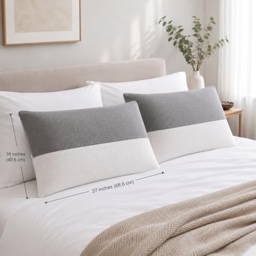 Image of Standard Sleeping Pillow Set of 2 with Adjustable Height | 27 x 16 Inch | Fluffy & Soft Siliconized Hollow Polyester Fiber, Jacquard Cover with Zip Closure - White & GreySet of 2