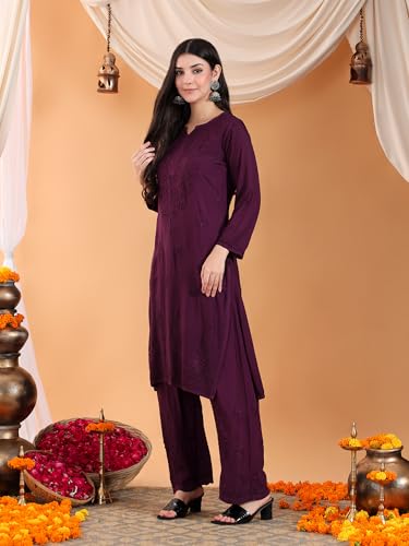 Image of POSHAK CHIKAN STUDIO Women's Hand Embroidered Lucknowi Chikankari Rayon Co-ord Set