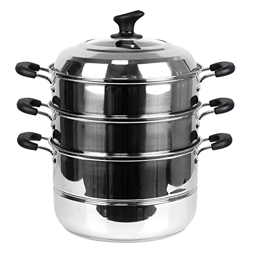 Image of Non Electric Momo Steamer Stainless Steel Cookware 3 Tier with Lid Induction Base /Gas Burner Momo maker, Pasta Steamer, Vegetable Steamer, Momo Steamers, Rice Steamer 32 cm