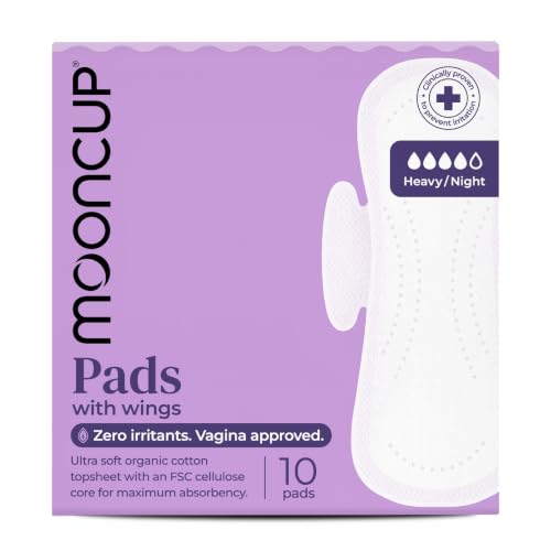 Mooncup Pads with Wings - Biodegradable Pads Made with Organic Cotton for Irritation-Free Period Care - Leakproof Plastic-Free Highly Absorbent Protection for Sensitive Skin - Heavy/Night+ 10 Count