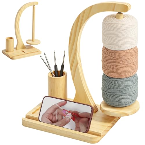 UHAPEER ヤーンホルダー 木製毛糸スタンド マグネット回転式 絡まり防止 編み針収納/ステッチマーカー収納/スマホスタンド付き3-in-1 かぎ針編み愛好家/編み物初心者向け ベストな手作りギフト 様々なタイプの毛糸に対応