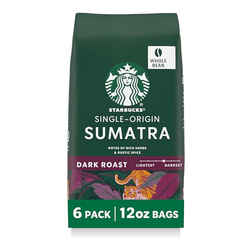 Starbucks Whole Coffee Beans, Dark Roast Hot or Iced Coffee, Single-Origin Sumatra, Six 12 oz...