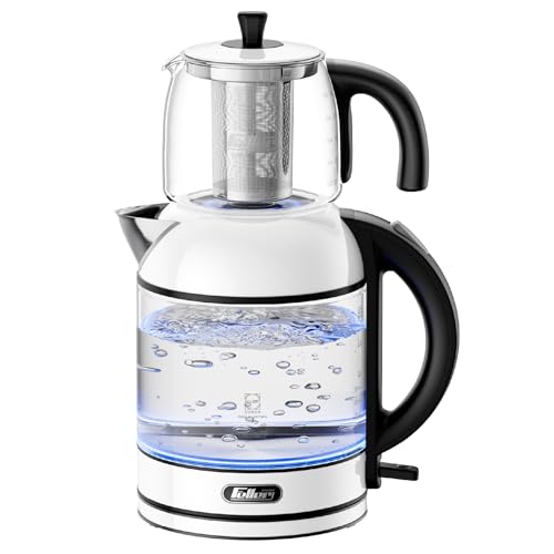Feller Germany TS289 2-in-1 Tea Maker 2L German Schott Glass Kettle + 1L Teapot 2200W Strix Control Keep Warm BPA Free Stainless Steel Filter (White)