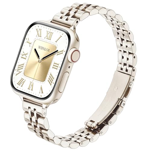 Image of Wipalor Thin Classic Metal Chain Band Fit Slim Apple Watch Bands for women 42mm 41mm 40mm 38mm, Dressy Cute Stainless Steel iWatch Bands for iPhone Watch Bands Series 11 10 9 SE 8 7 6 5 4 3 2 1-Starlight