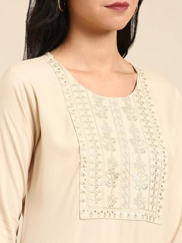 Image of SHOWOFFFF Women Solid Straight Ethnic Kurta | Round Neck 3 /4th Sleeves Cotton Kurta for Womens | Regular Fit Calf Length Kurta for Women's