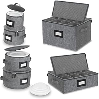 Merb Home - China Storage Set - Dinnerware & Glass Storage Containers - Hard Shell and Stackable Storage Boxes - Protects Dishes Cups and Mugs, Felt Plate Dividers Included (6-Pieces Grey)