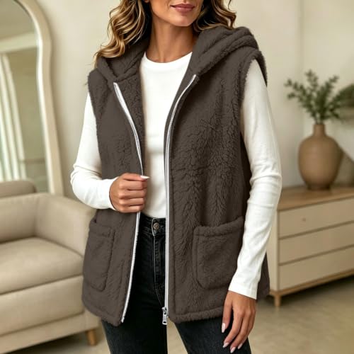 Womens Fuzzy Fleece Vest Hooded Full Zip Sleeveless Jacket with Pockets - image 6