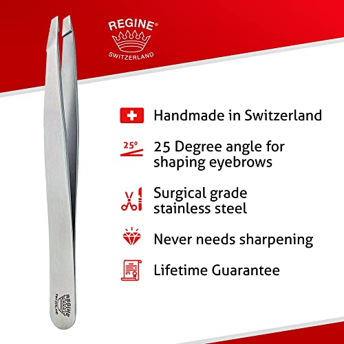 Regine Switzerland Slant Tweezer - Handmade in Switzerland - Professional Eyebrow, Facial & Hair Remover - Etched Interior Tip to Grab Hair From the Root - Perfectly Aligned Tips - Stainless Steel
