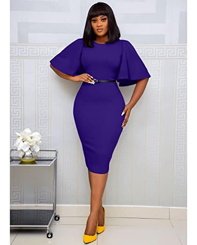 Image of Memoriesea Women's Basic Bodycon Ruffle Flared Short Sleeve Pencil Midi Dress