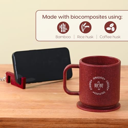 Image of Eha Earth-Friendly Gift Set for Mom | 350 ml | Coffee Mug with Coaster, Keychain & Bag | Gifts for Mom Made with Rice Husk Biocomposite | Gifts for Woman | Coral