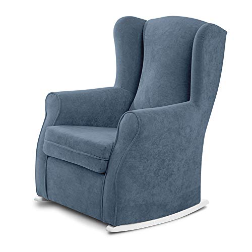 SUEÑOS ZZZ - Balancín Irene, sillón orejero de lactancia tapizado en tela anti manchas color Azul con balancín lacado en color blanco. Mecedora para dormitorio, salón o habitación de bebé