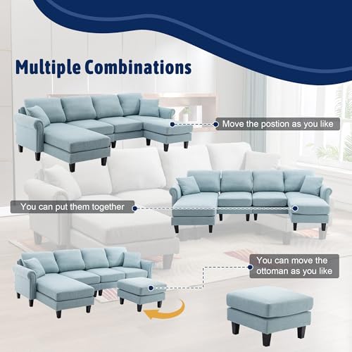Image of Nathan 6 Seater L Shape Sofa with Centre Table | 6 Seater Sofa Set for Living Room | Premium Fabric Sofas (Nathan LightBlue, RHS)