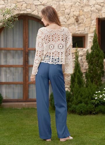 Women Linen Pants Wide Leg Palazzo Pants Cotton Linen Drawstring Summer Pants with Pockets 31"4